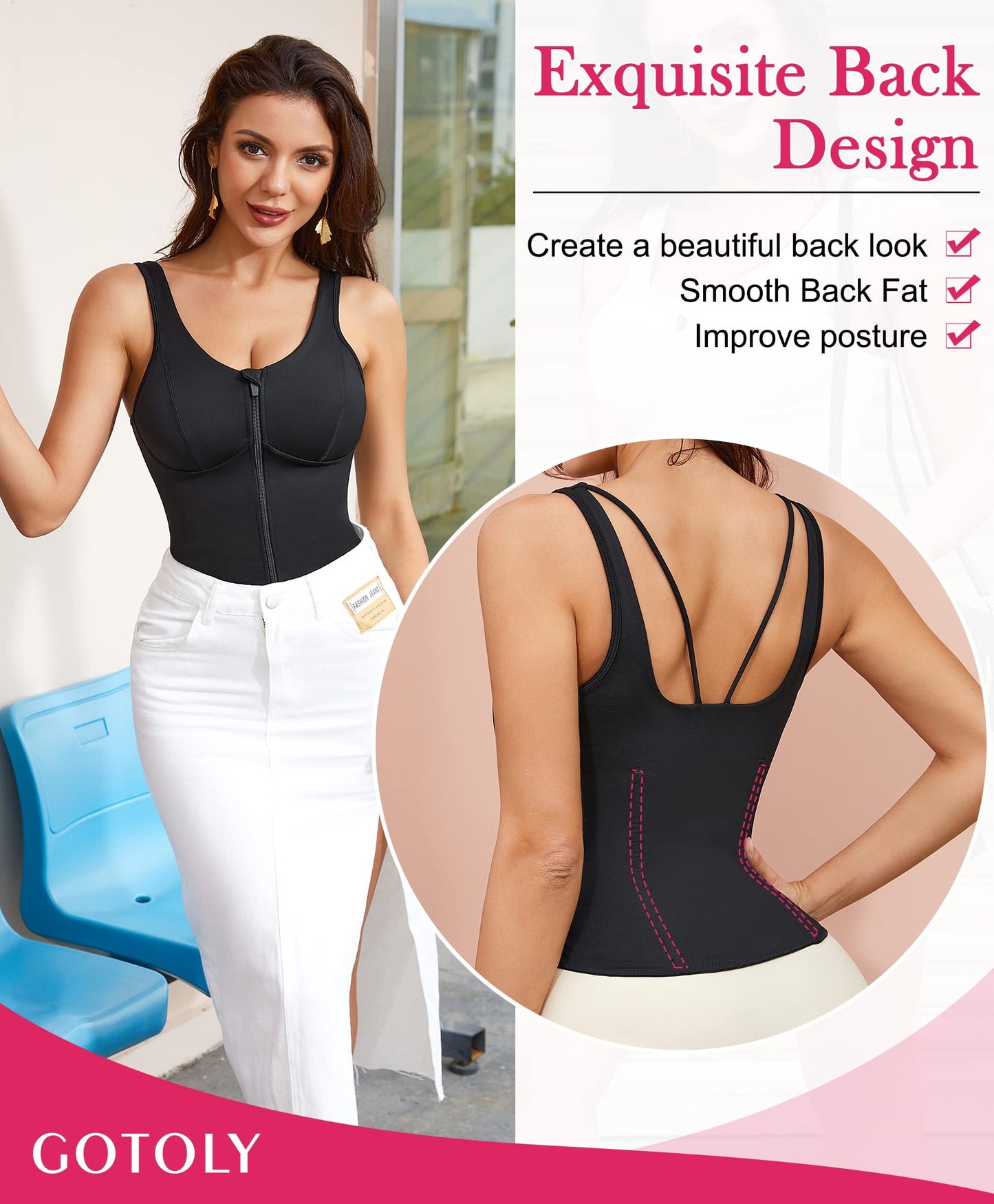 Gotoly Women's Compression Tank Tops Triple Tummy Control Workout Tops Shapewear Camisole Cami Shaper with Zipper Body Shaper(Black, Medium)