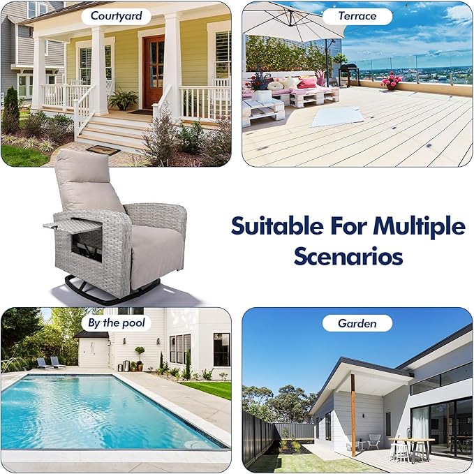 Outdoor Recliner Chair Set of 2, Wicker Patio Recliners with Adjustable Backrest and Extended Foot Rest, Reclining Patio Chairs with Flip Table & Removable Cushion Cover for Porch