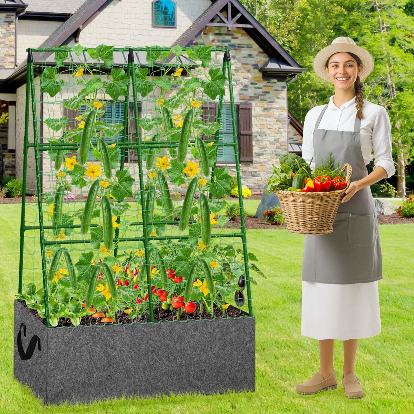 Cucumber Trellis with Grow Bag, 50 x 36 Inches Reusable Garden Vegetable Trellis with Fabric Raised Bed, Climbing Net and Plant Support Clips for Greenhouse Climbing Plants