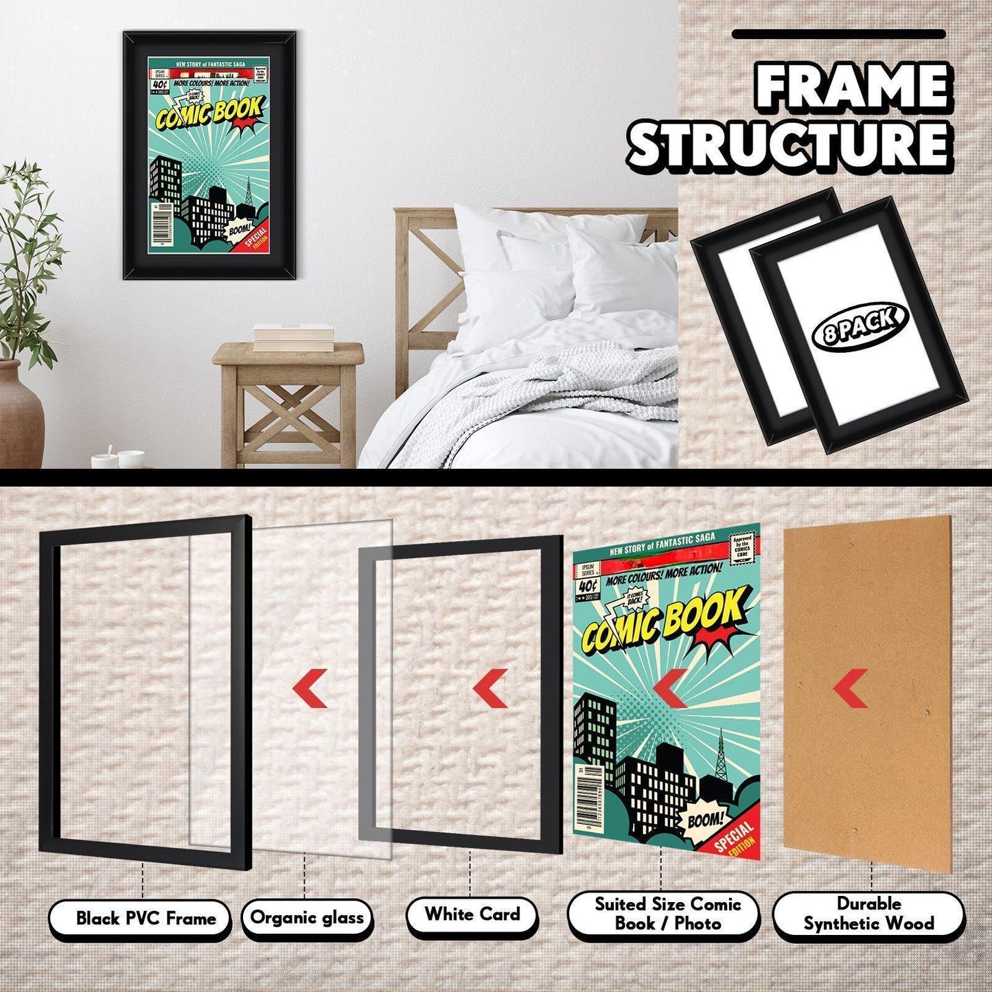 Geetery 8 Pack Comic Book Frame, UV Protection, Comic Picture Magazine Frames Fits Current up to 6 3/4 x 10 1/4, Wall or Tabletop Display with Spring Clips Installed Hangers(Black (White Mat))