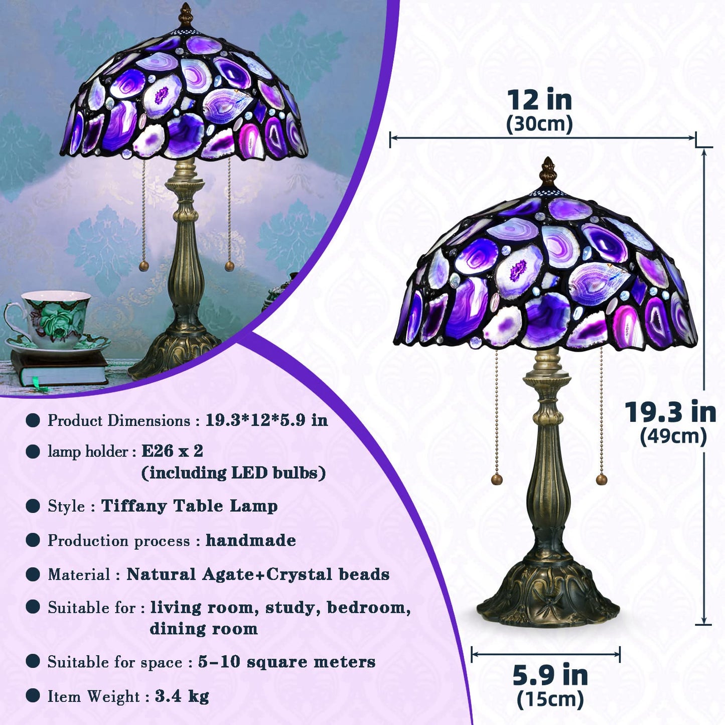 Nizrsky Tiffany Style Table Lamp, Agate Slice Stained Glass Lamp 12X12X19 Inches Tiffany Lamp Bedside Nightstand Desk Reading Light Decor Bedroom Living Room Home Office(LED Bulb Included) (Purple)