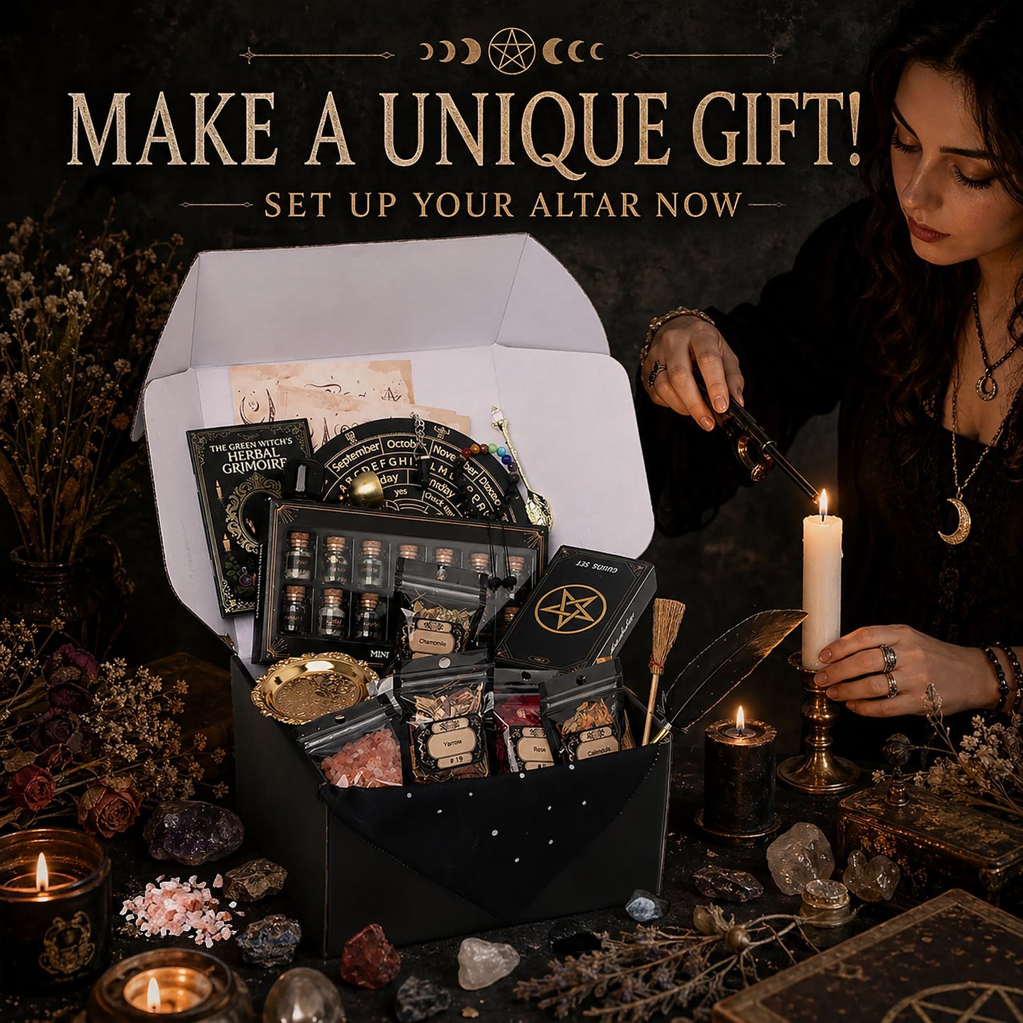 FLgengmh 90 PACK Witchcraft Kit for Beginners, Wiccan Supplies and Tools with Crystals Candles, Witch Altar Spell Set for Rituals,Energy Cleansing, Dried Flowers for Crafts, Witchy Gifts Box for Women