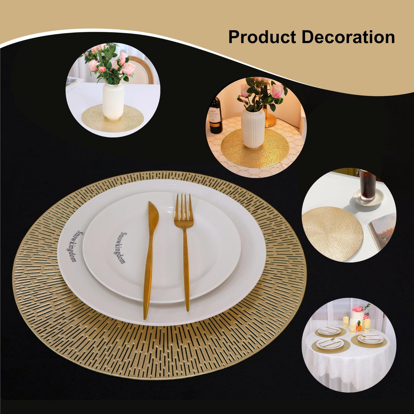 Snowkingdom Gold Round Placemats Set of 4, Golden Vinyl Metallic Hollow 15 Inch Place mats, Washable Easy Clean Wipeable Non Slip Stain Heat Resistant Dining Table Mats for Wedding Party Decoration