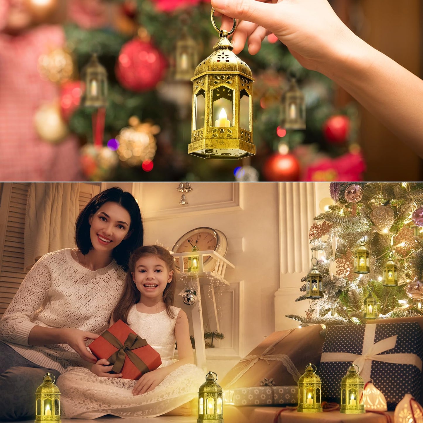 12 Pieces Mini Lanterns with Flickering LED Candle, Batteries Included, Decorative Hanging Candle Lantern for Indoor Use, Wedding, Party, Table Centerpiece (Gold, )