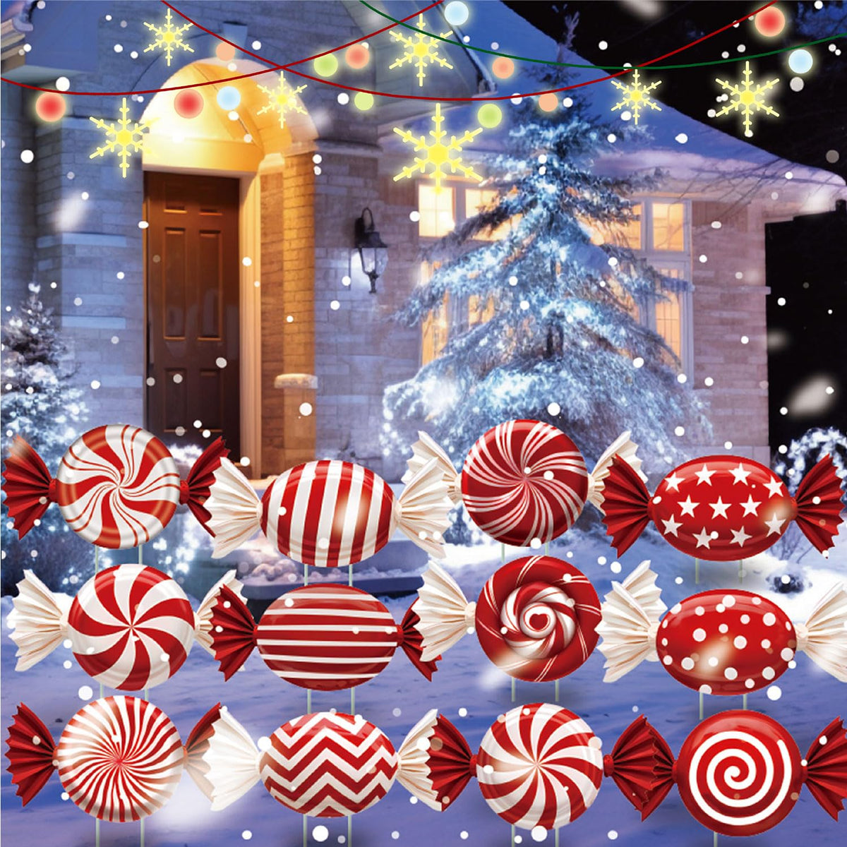 BoGlowHaven 12ct Candy Christmas outdoor Decorations Birthday Decorations Waterproof Corrugated Cardboard Yard Signs with 24 Plastic Stakes 17 inch Holiday Pathway Decor for Garden Walkway and Party