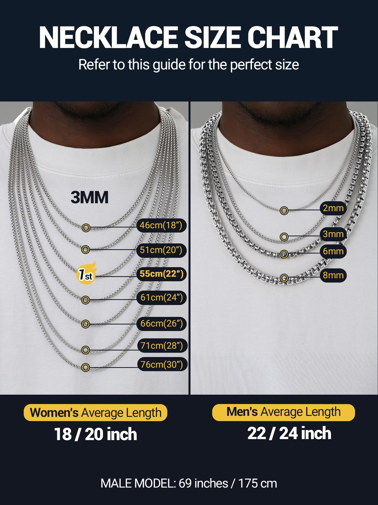PROSTEEL Mens Chain Necklace, Squre Rolo Link Chains Stainless Steel Necklace 2mm Waterproof & Strong Lobster Clasp Men and Women Jewelry with Gift Box 20in