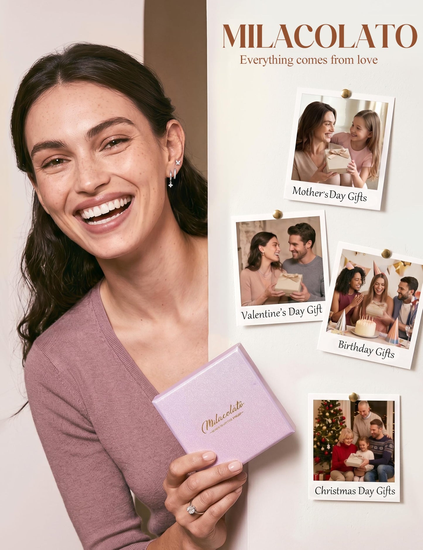 MILACOLATO 925 Sterling Silver Earrings for Women, Sterling Silver Filled Small Stud Huggie Hoop Earrings Sets for Multiple Piercing Hypoallergenic Jewelry, CZ Cartilage Earrings Stacks Trendy Jewelry Gifts, 3 Pairs-Butterfly