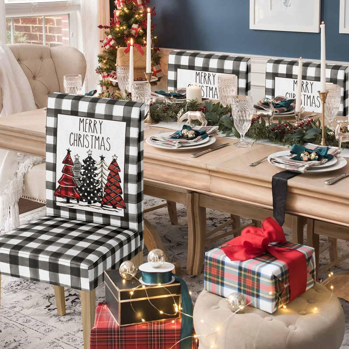 Horaldaily 4PCS Christmas Dining Chair Covers, Black Buffalo Plaid Trees Stretch Removable Washable Slipcover Chair Protector for Dining Room Home Decor