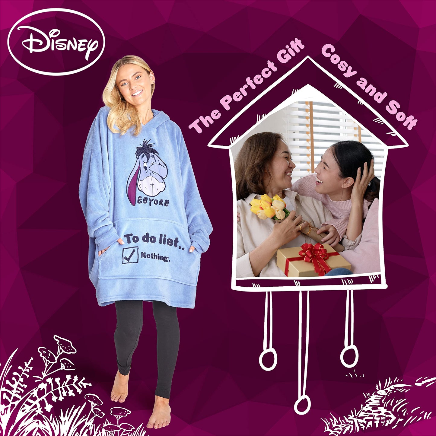 Disney Stitch Blanket Hoodie for Women Teens, Wearable Oversized Fleece Hooded Poncho with Pocket, Cozy Gifts for Women (Blue Eeyore)