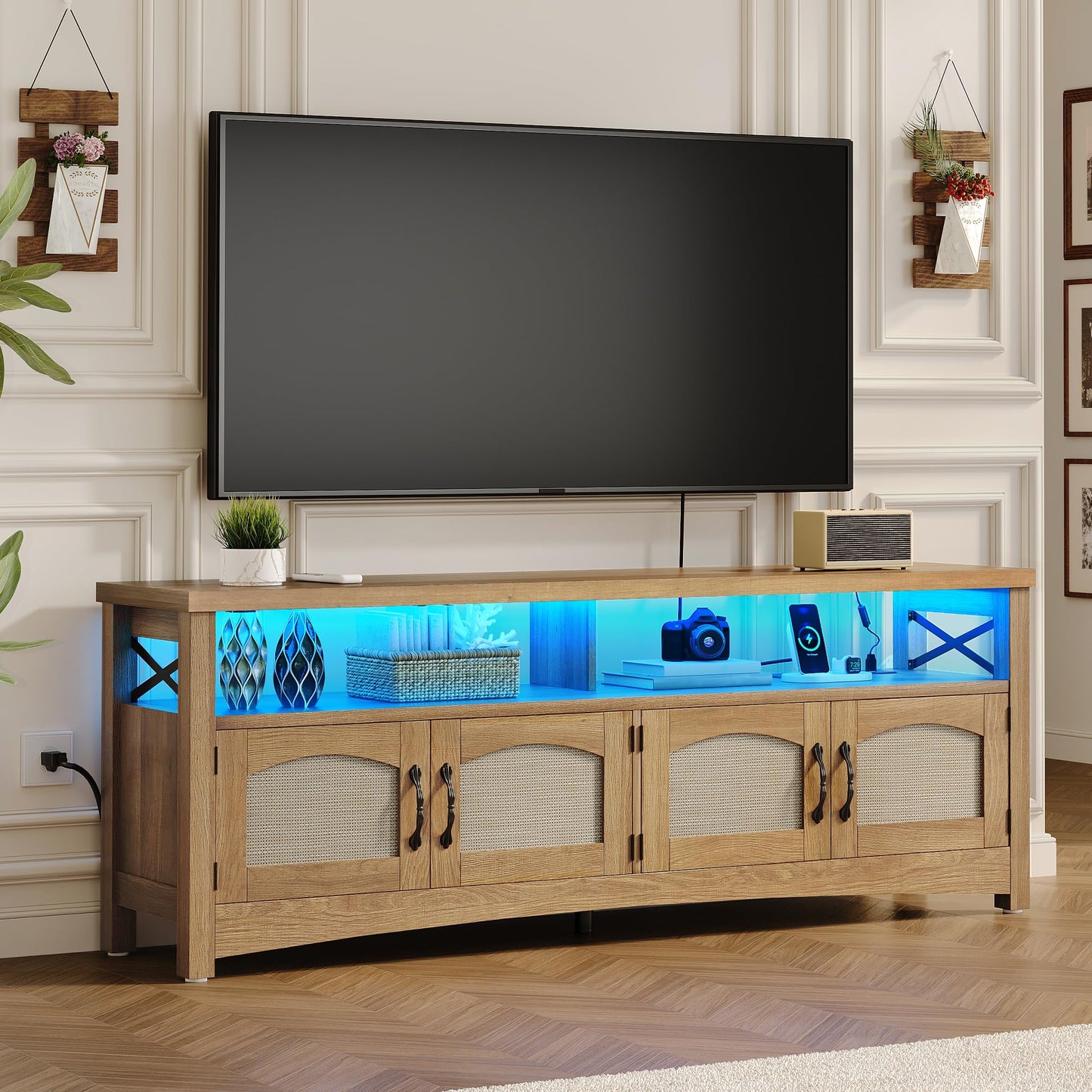 DWVO Farmhouse TV Stand for 65 inch TVs, LED Entertainment Center with Storage, TV Console with Power Outlets, Wooden Bar Coffee TV Table with Shelves for Living Room (Oak)