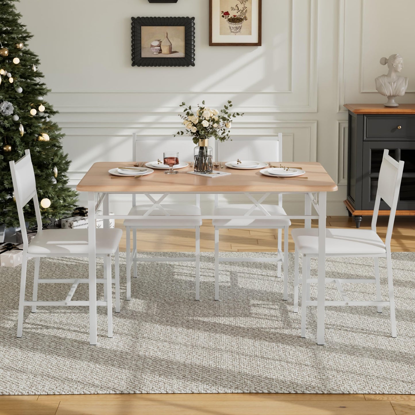 VECELO Dining Table Set for 4 with Chairs, 5-Piece Kitchen Table and Upholstered Padded Chairs Set for Small Space, Dining Room, Apartment, Natural White
