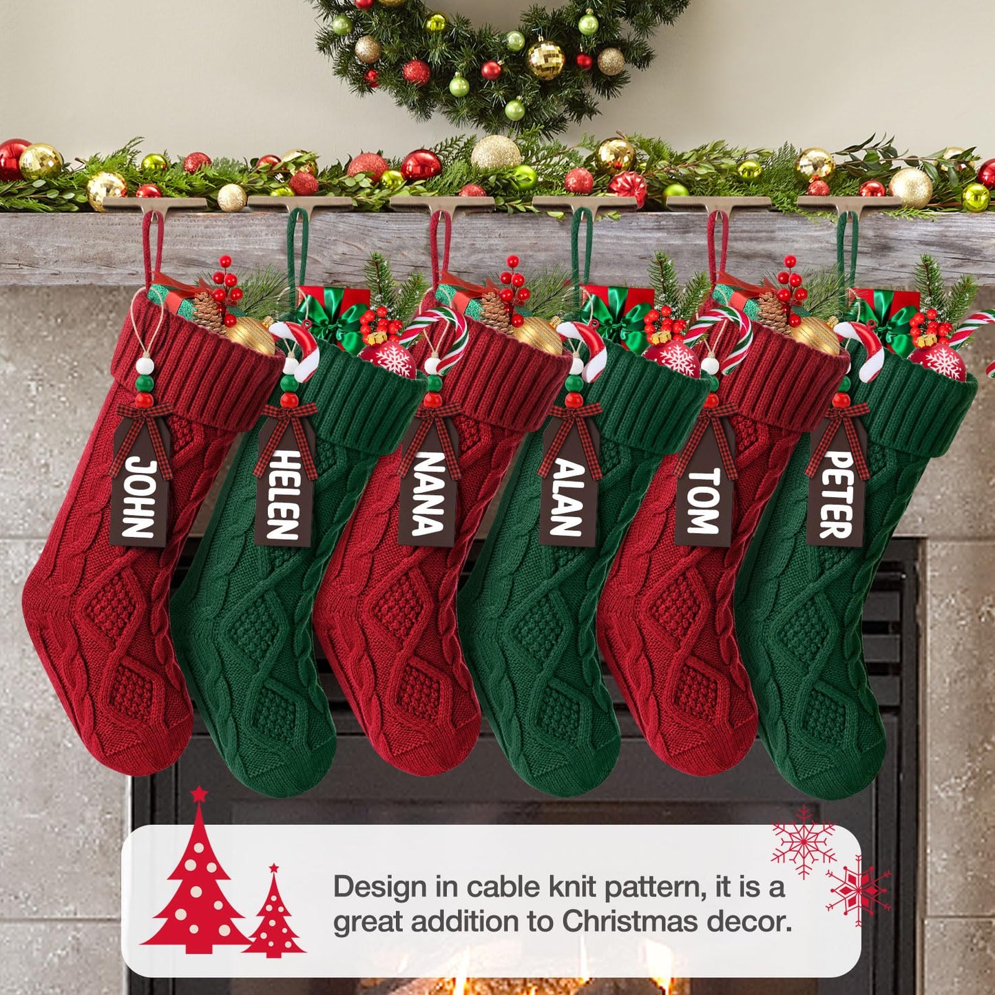 Hommtina Christmas Stockings, Personalized Christmas Stockings 18 Inches Large Size Cable Knitted Stocking Gifts (6pcs red&Green)
