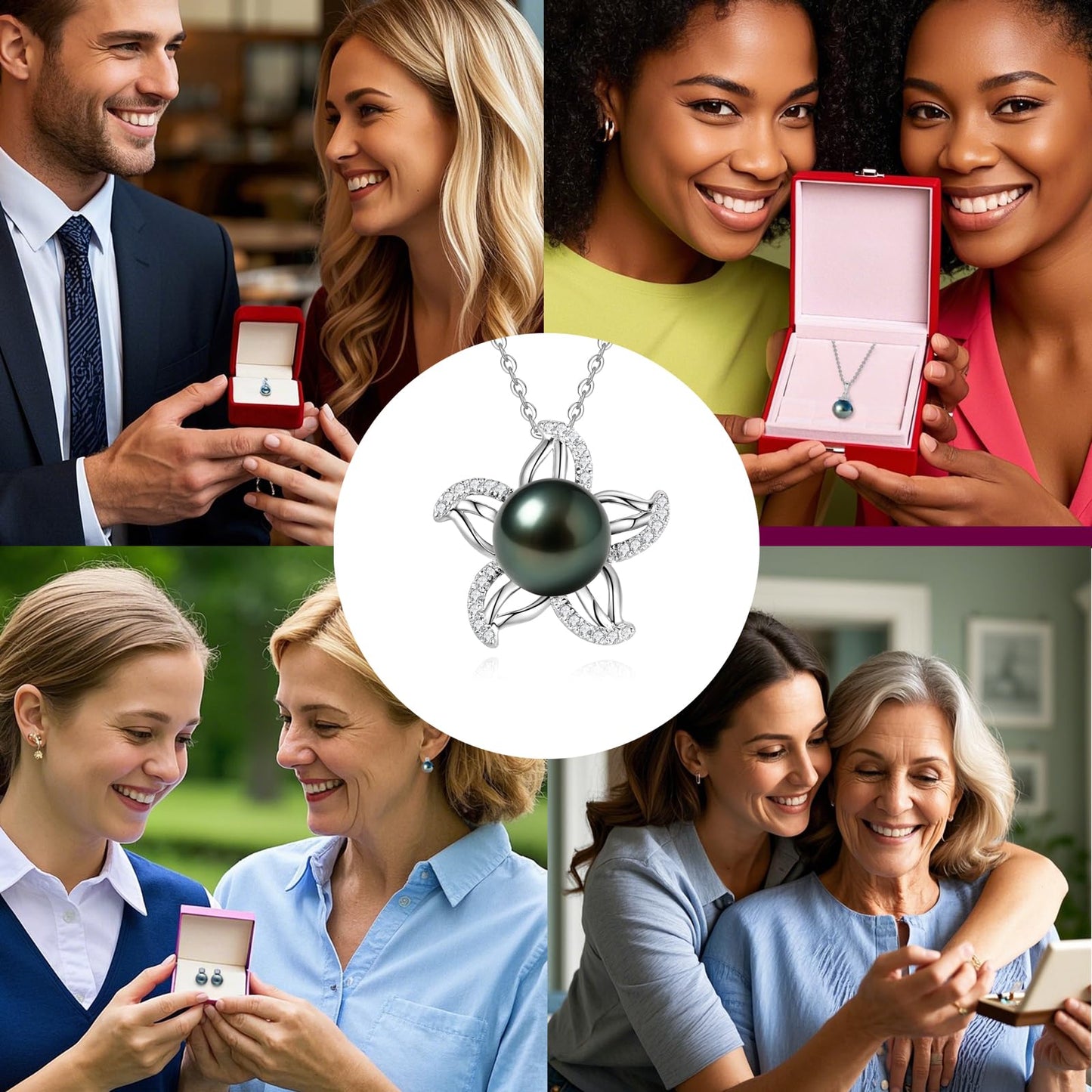Tahitian Black Pearl Necklace for Women - Christmas Gift for Wife, Mom, Grandma, Jewelry Gifts for Wedding Anniversary Birthday, 9-10mm Seawater Pearl with Sterling Silver Moissanite Starfish Pendant