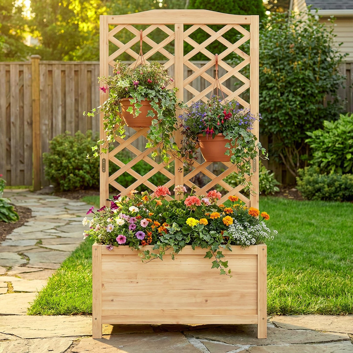 UrGROWA Wooden Raised Garden Bed with Trellis, Freestanding Planter Box with Drainage for Vines Climbing Plants Flowers Herbs, Elevated Gardening Planter for Backyard Balcony Patio