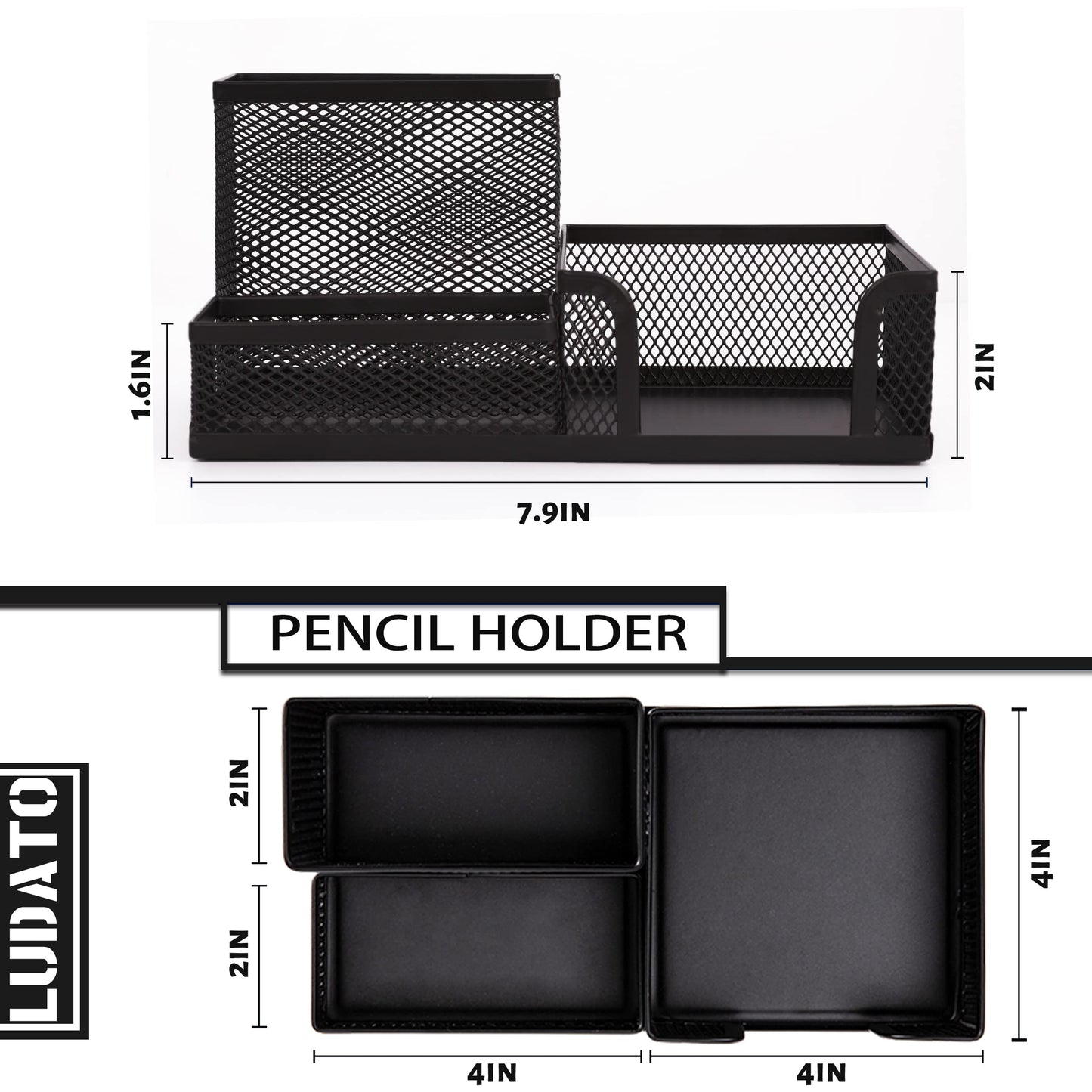 Ludato 2 Pieces Mesh Pen Holder Desk Organizers and Accessories for Desk,3 Compartments Black Pencil Holder for Office Supplies, Gifts for Colleague