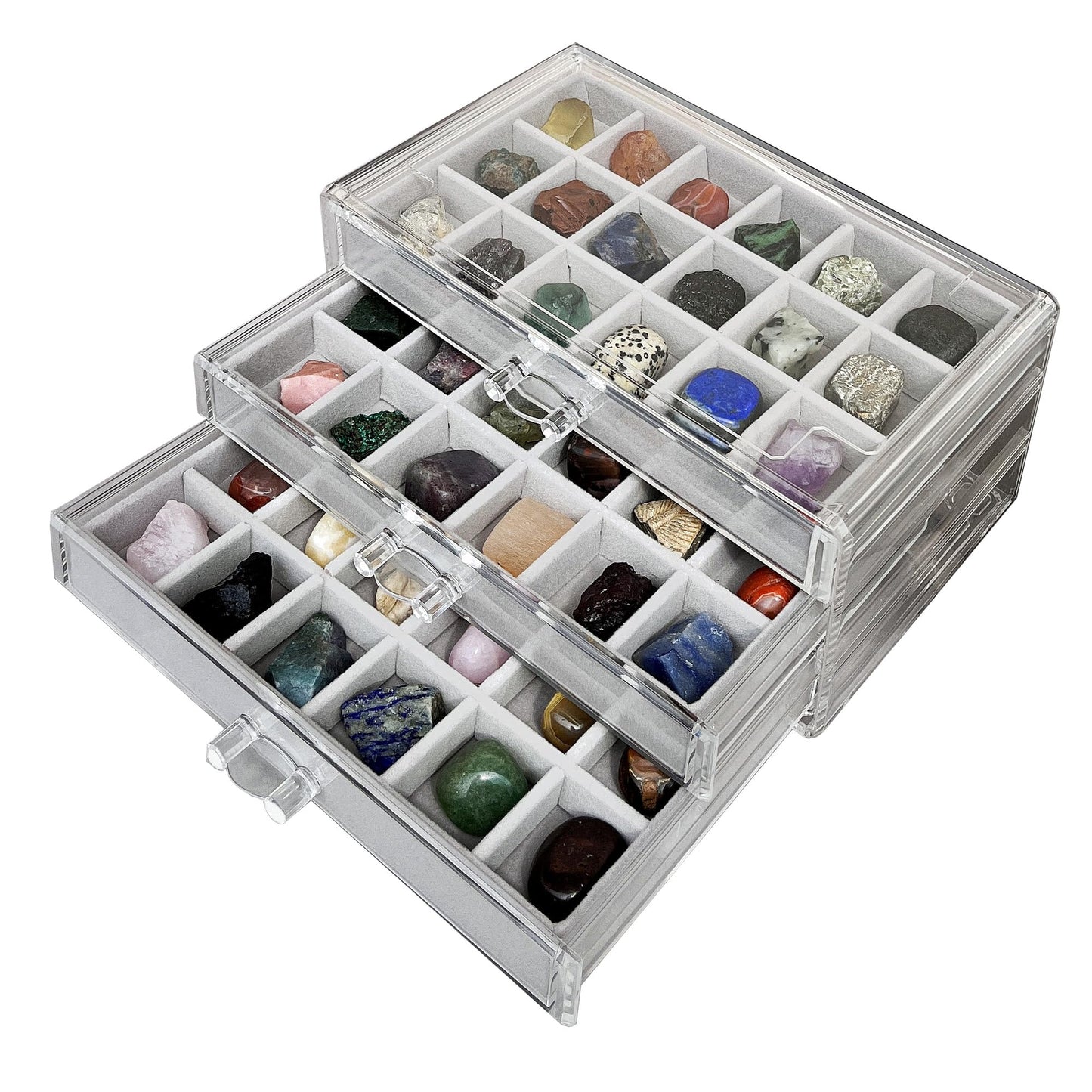 HEMYLU Acrylic Rock Collection Display Case for Kids, Crystals Displaying Box with 3 Drawers & 54 Grids and Gem Knowledge Handbook, Gemstone Organizer Showcase for Gem Enthusiasts