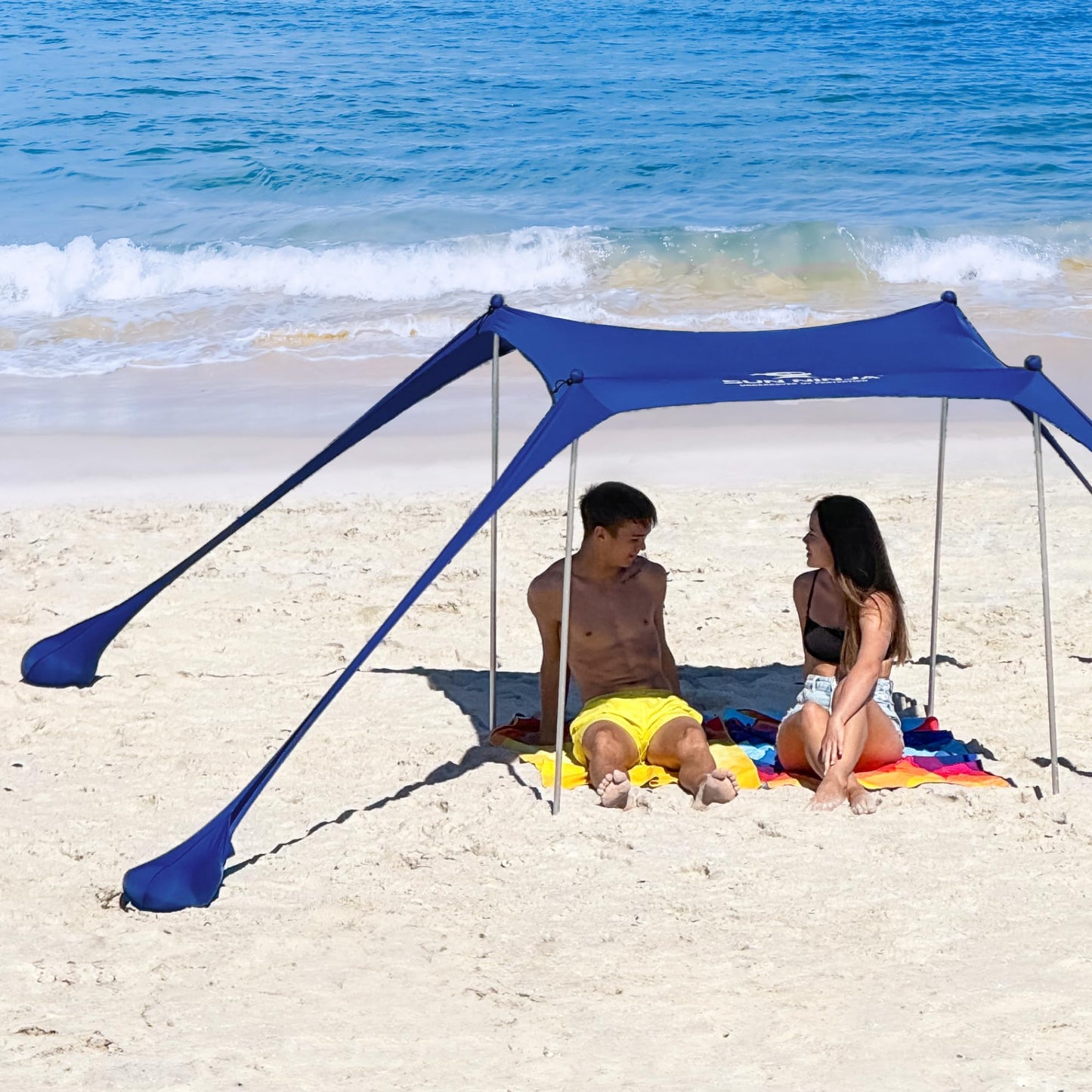 SUN NINJA Beach Tent Shelter with UPF50+ Protection, Includes Sand Shovel, Ground Pegs, Stability Poles, Outdoor Pop Up Shade Canopy for Camping, Fishing, Backyard Fun (Navy, 5x5 FT 4 Pole)