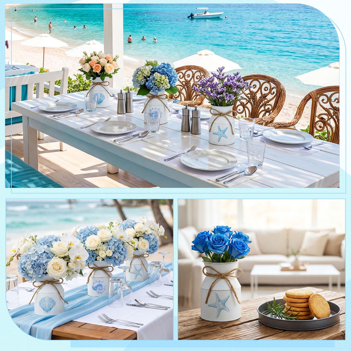 Domensi 3 Pcs 5.12" Beach Coastal Vase Table Decor Metal Seashell Starfish Conch Flower Bucket Farmhouse Ocean Centerpieces for Table Rustic Nautical Milk Can Jug with Twine Bow for Wedding Home Decor