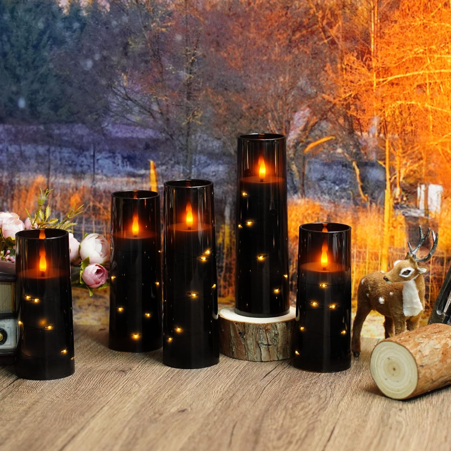 Flameless Candles,with Embedded Star String, Battery Operated Candles Flickering LED Pillar Candles with Remote Control and Timer, Home Decoration Add a Warm and Romantic Atmosphere,Set of 7 (Black)