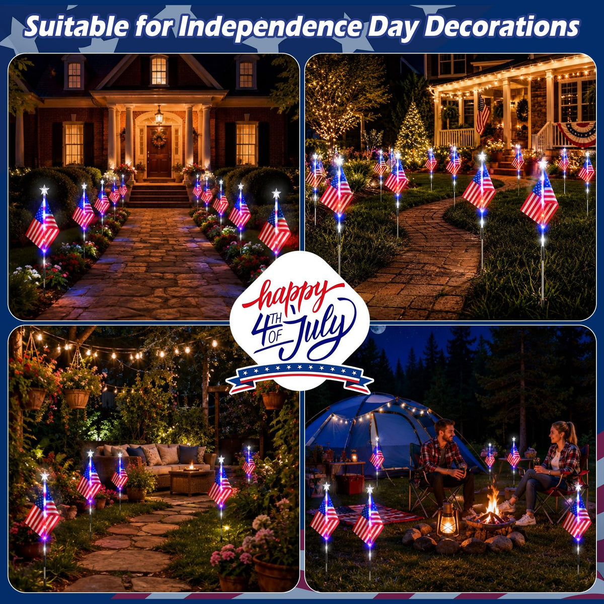 DTNESS 12 Pack 108 LED American Flag Pathway Lights, 4th of July Decoration Outdoor, Waterproof Patriotic USA Flag Stake Lights w/ 8 Modes, Red White Blue Lights for Memorial Day Independence Day