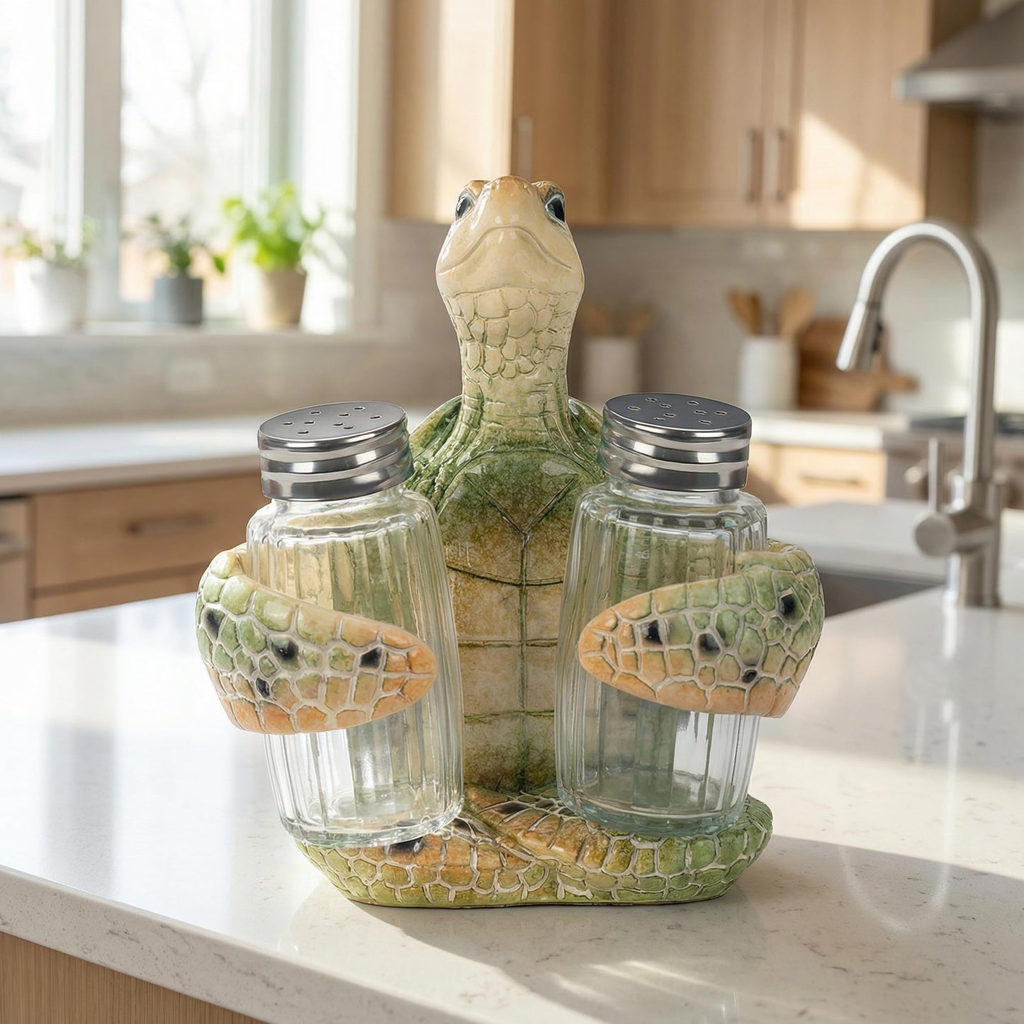 Decorative Green Sea Turtle Salt and Pepper Shaker Holder, Coastal Kitchen Decor (Greenturtle)