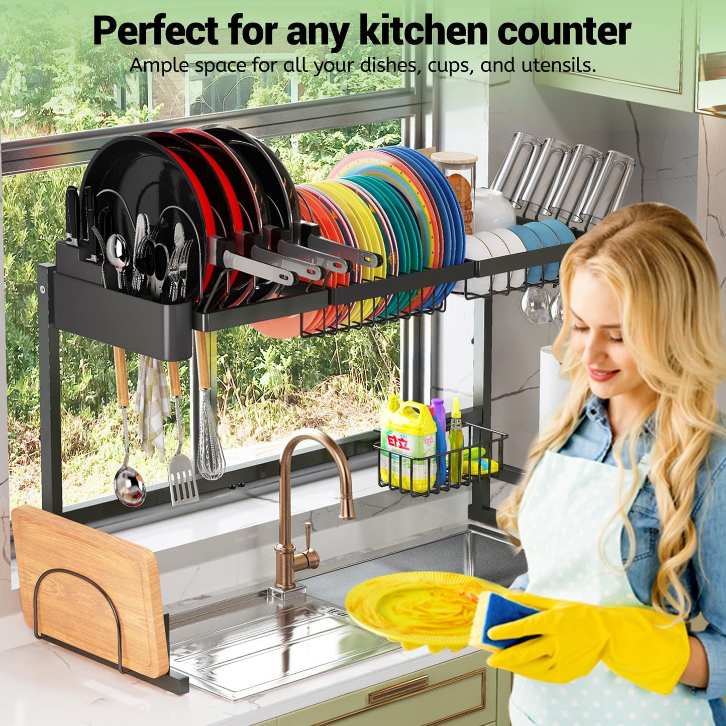 Sink Rack Dish Drainer for Kitchen Sink Racks Stainless Steel Over The Sink Shelf Storage Rack (Sink Size ≤ 32 1/2 inch) 37.4X12.5X20.5inch Black