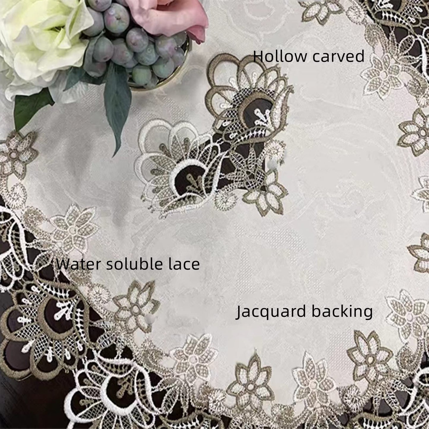 ZMNSZBDBeige Embroidered Lace Tablecloth Lace Coffee Table Cover Oval Hollow Fabric Tablecloth, Washing Machine, Dryer, Refrigerator Top Dust Cover (27.5''X51'')