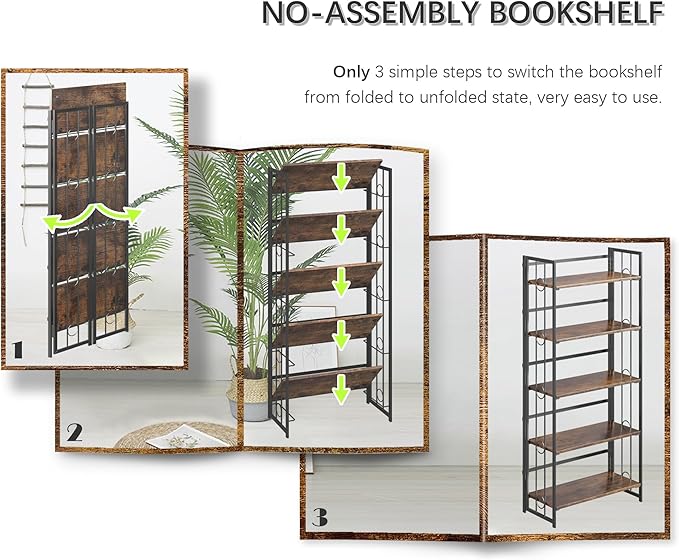 4NM No Assembly 5 Tiers Folding Bookshelf, 59.4" H Foldable Storage Shelves