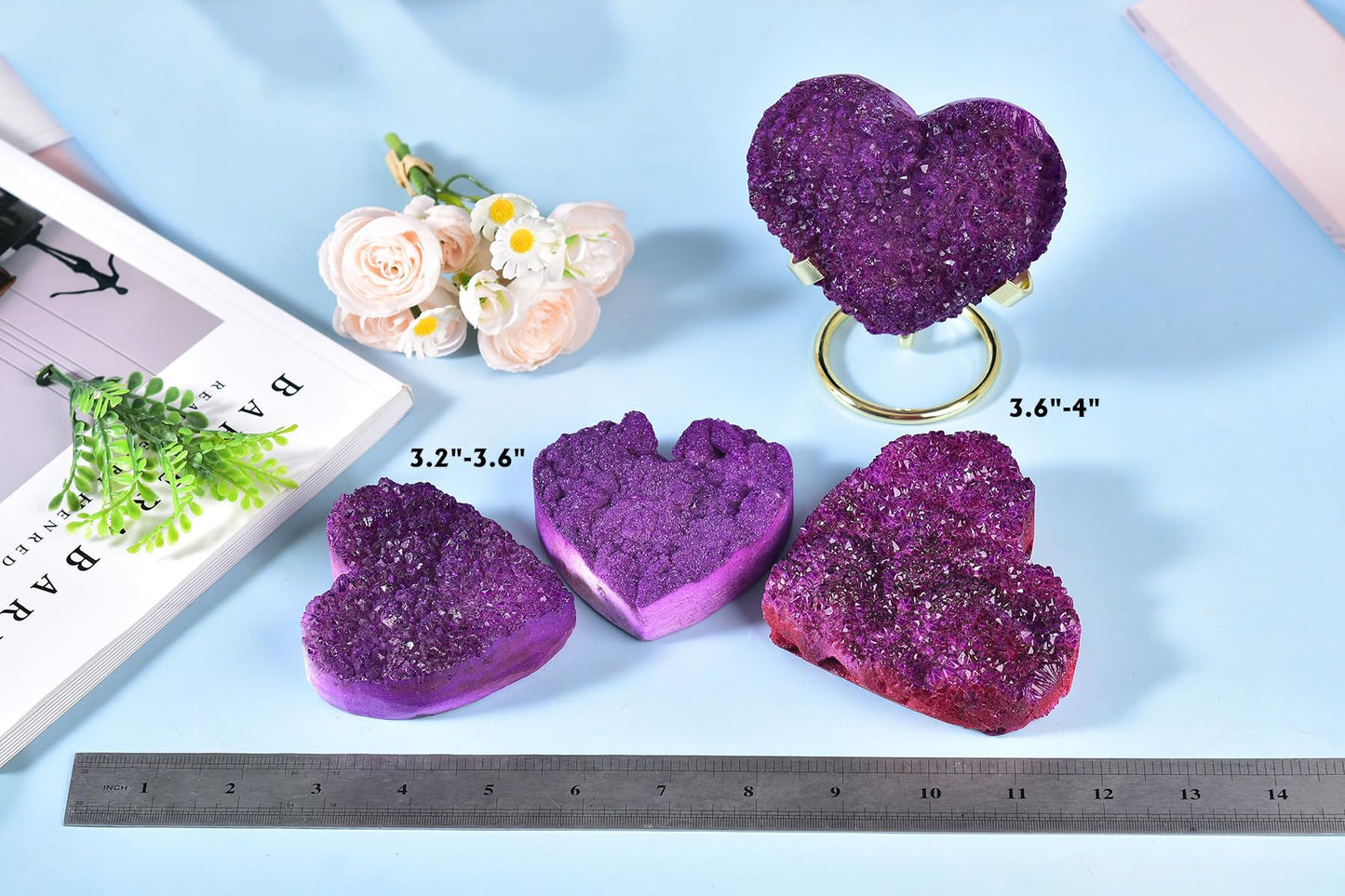 AMOYSTONE Large Heart Crystal Cluster Decorations Stone Meditation Healing Electroplating White Crystal Cluster with Alloy Display Bracket, Purple 3.2-3.6"
