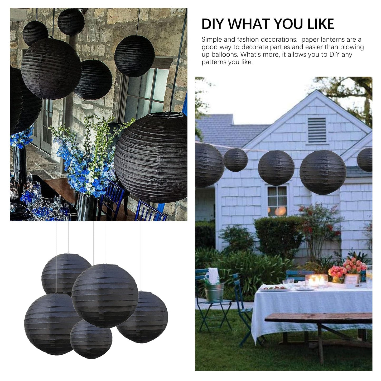 20Pcs Black Paper Lanterns for Parties, 6” 8” 10” 12” Chinese Asian Hanging Round Paper Lanterns for Birthday Wedding Halloween Christmas Home Decor Party Decor