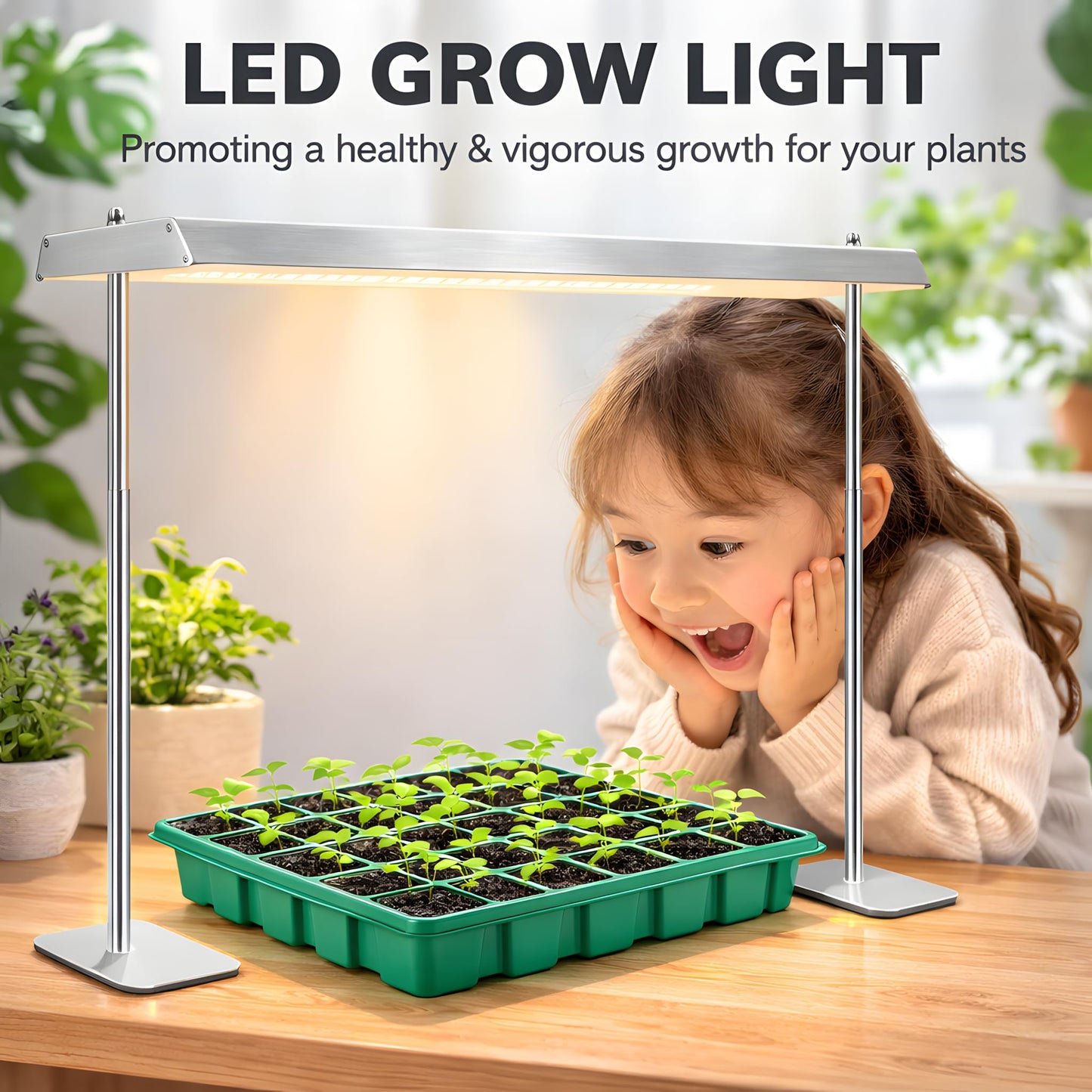 SDOVUERC Grow Light Stand with Aluminum Alloy Frame, 60W High-Power Full Spectrum Plant Grow Lights for Indoor Plants, 4/8/12H Timer, 10 Dimmable Levels, Adjustable Height, Ideal for Seedlings