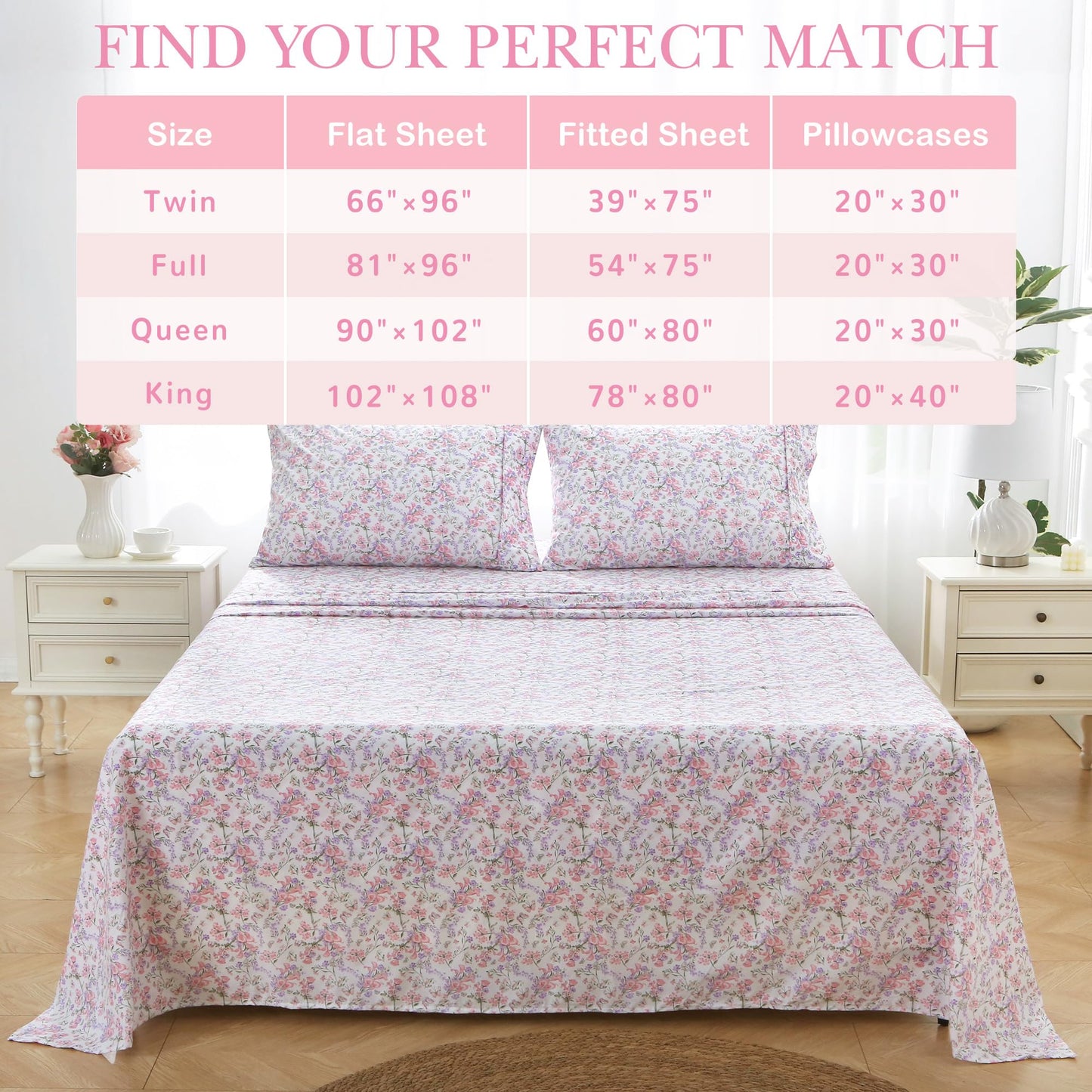 Mooreeke Cozy Vintage Microfiber Printed King Sheet Set - Soft Breathable Percale Cotton Floral Bed Sheets with Deep Pocket - Non-Slip Fitted Design - Pink Purple Flowers Pattern
