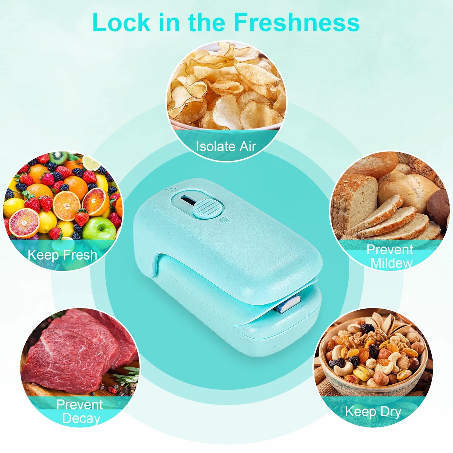 Mini Bag Sealer, Kenossion Chip Bag Sealer - Bag Sealer Heat Seal with Cutter & Magnet, Portable Mini Sealing Machine to Reseal Plastic Bags & Keep Snacks Fresh (2xAA Batteries Included), green