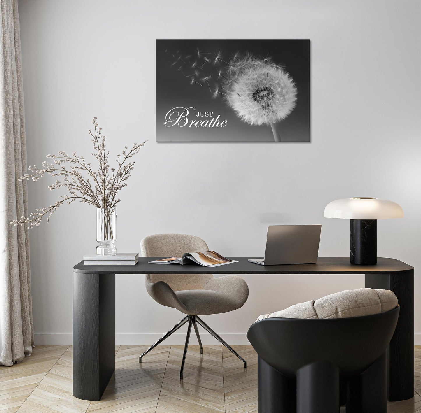 SKASNFAI Just Breathe Wall Art Zen Office Wall Decor Inspirational Yoga Quotes Positive Relax Artwork Picture Black and White Dandelion Posters Print for Meditation Room (16L x 24W)