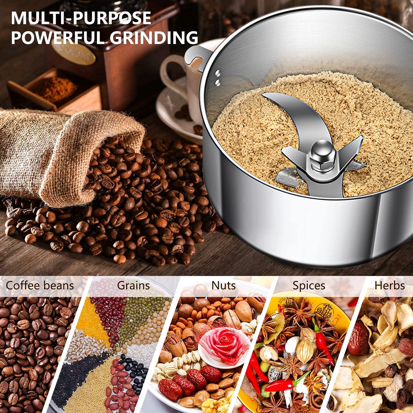 LEJIEYIN Grain Mill Electric 750g Electric Mill Stainless Steel Graingrinder & Commercial Motor Grinding Stone Mill Grain with 2000W 25000 RPM for Nuts/Cereals with Overload Protection