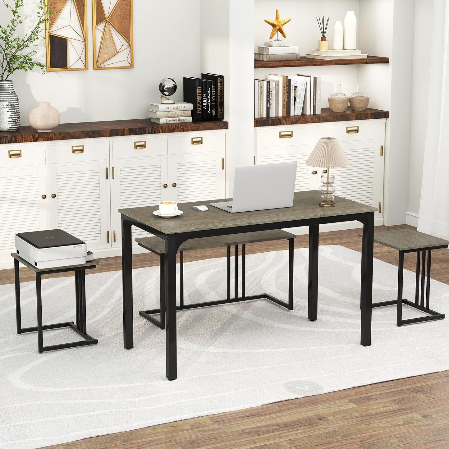 Giantex 4-Piece Dining Table Set for 4, Modern Kitchen Table and Chairs, Nesting Furniture Set with Bench & 2 Stools, Space-Saving Desk Set, Dinette Set for Small Place, Dining Room Restaurant (Grey)