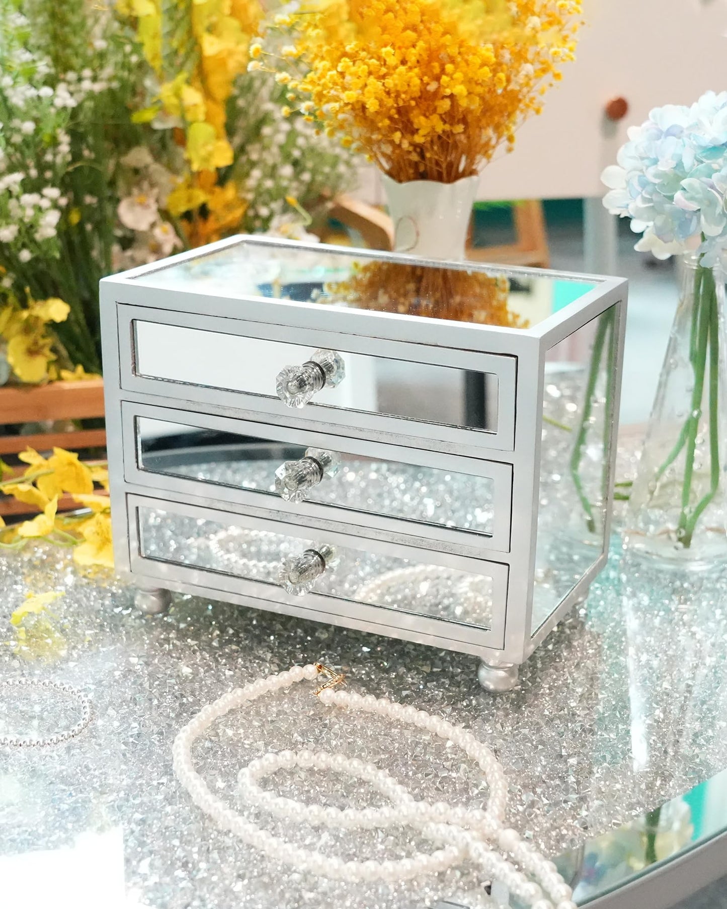 Gifturbo 3 Layer Mirrored Glass Jewelry Box, Large Capacity Women's Storage Box with Velvet Interior and Crystal Handle