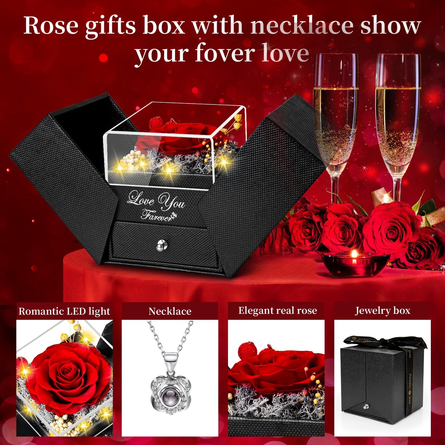 Preserved Red Real Rose with Heart I Love You Necklace -Eternal Flowers Rose Valentines Day Gifts for Her Wife Girlfriend Women Mom Grandma on Valentines Mothers Day Christmas Anniversary Romantic-Red
