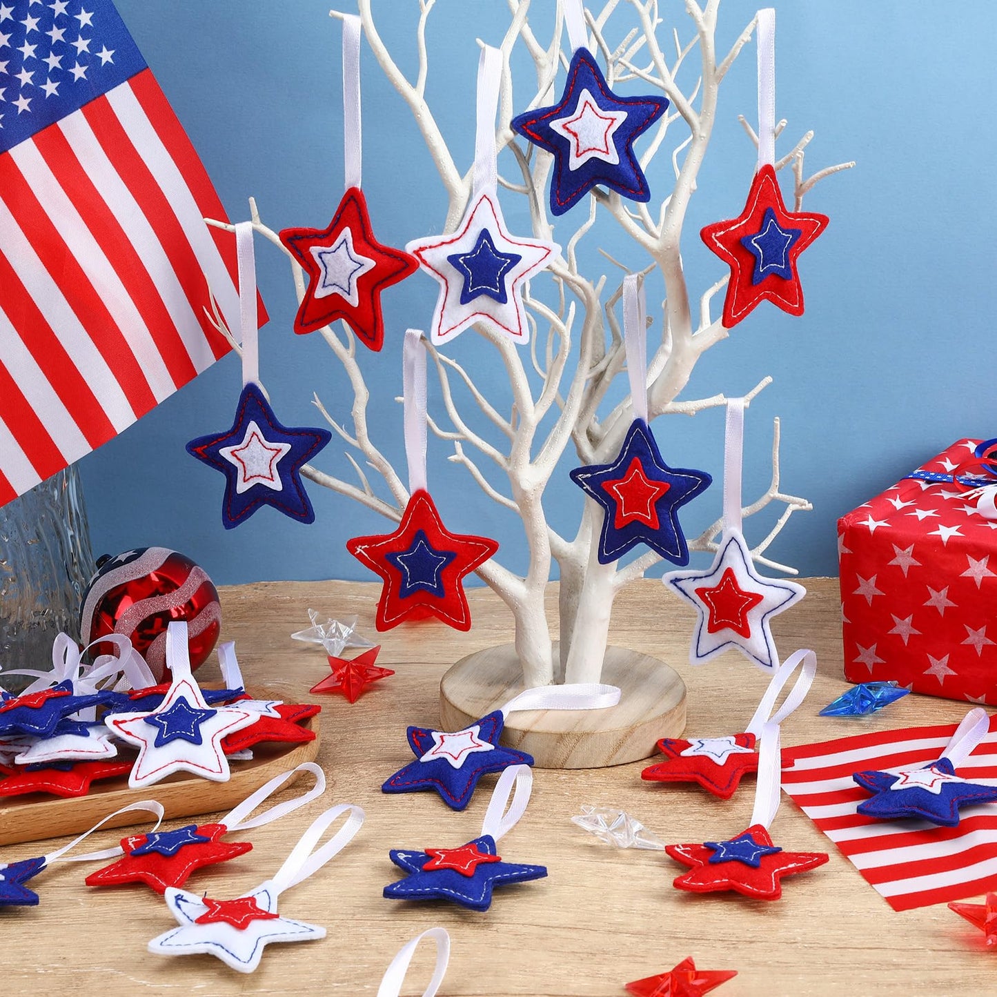 JANSUN Patriotic 4th of July Felt Star Ornaments 30 Pack Tree Hanging Star