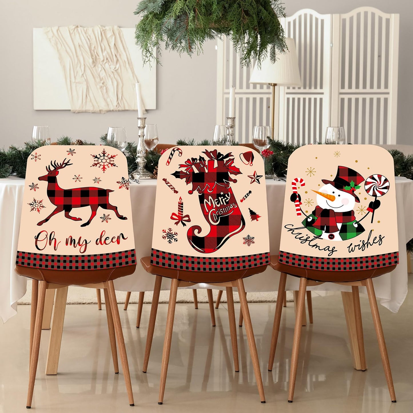Ganeen 6 Pcs Christmas Chair Cover Buffalo Plaid Dining Chair Santa Claus Hat Shoes Felt Slipcovers Merry Christmas Back Covers for Banquet Kitchen Holiday Party Decoration(Vibrant Style)