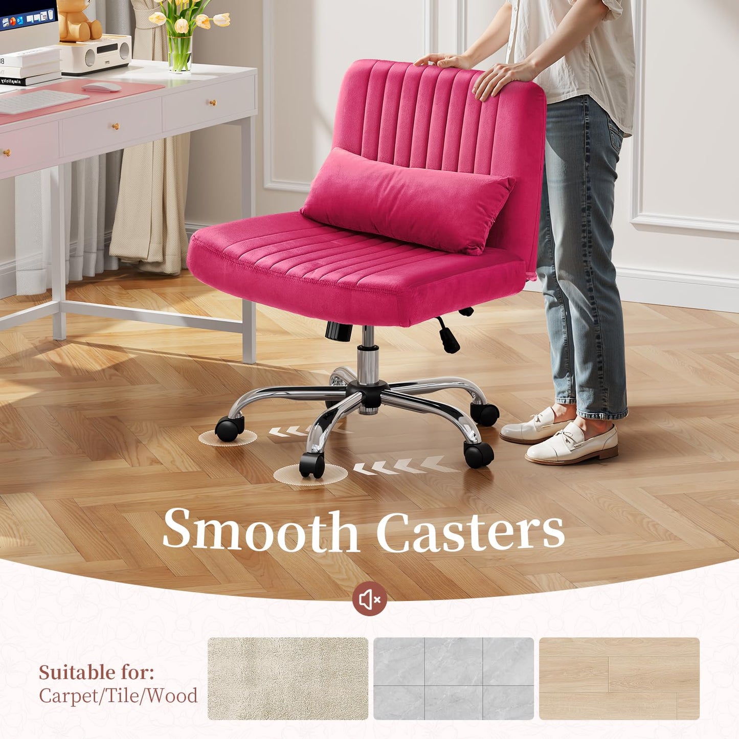 Warmiehomy Criss Cross Office Chair with Wheels, Velvet Cross Legged Desk Chairs for Home, Height Adjustable Swivel Wide Seat Computer Chair, Modern Vanity Chair for Women, Hot Pink