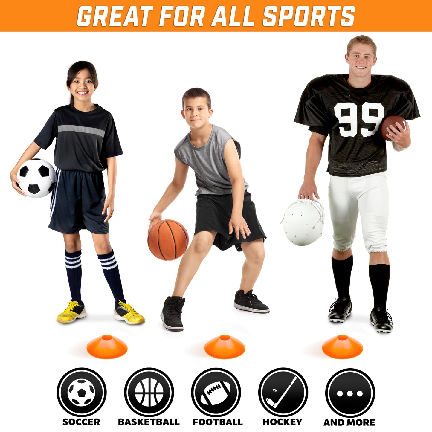 GoSports Premium Sports Cones for Agility Training and Drills - 20 Pack with Tote - Orange