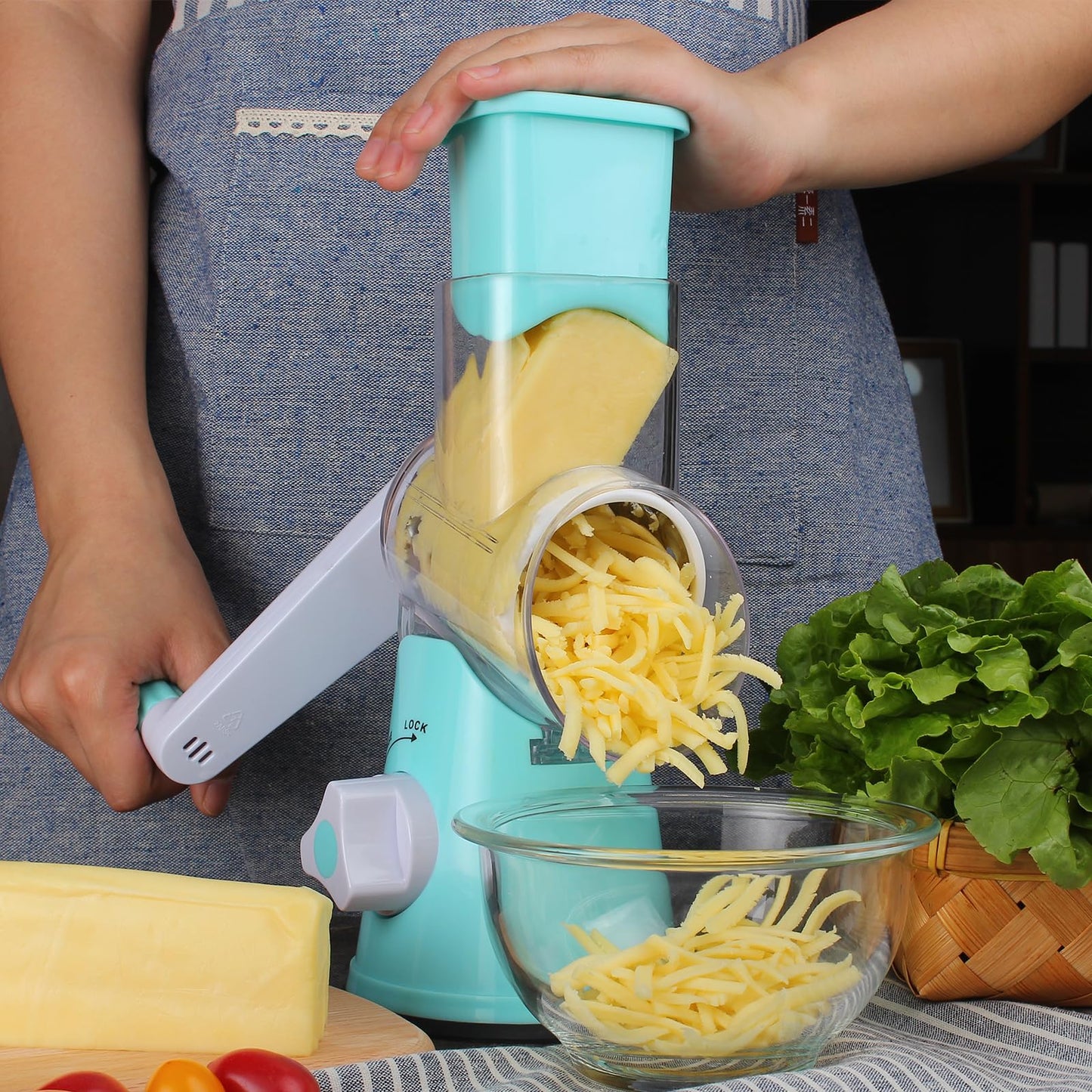 Cambom Rotary Cheese Grater Hand Crank Cheese Shredder for Fresh Cheese, Vegetable, Nuts,Non-slip Suction Base, Free Cleaning Brush Three Blades, Blue