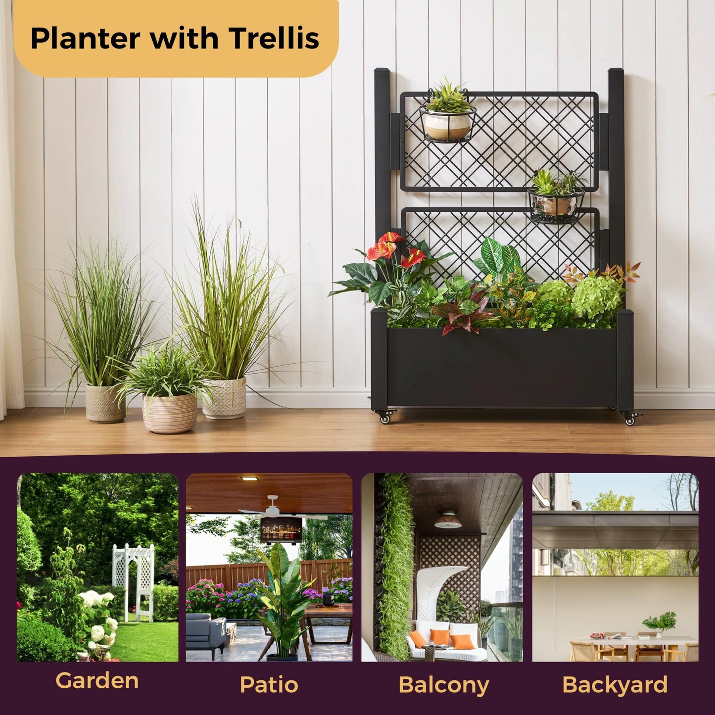Foresland Metal Raised Garden Bed with Trellis, 50Hx38Wx14D Inch Compact Planter Box for Climbing Plants, Patio Balcony Garden, Privacy Screen with Wheels and Drainage Holes, Black