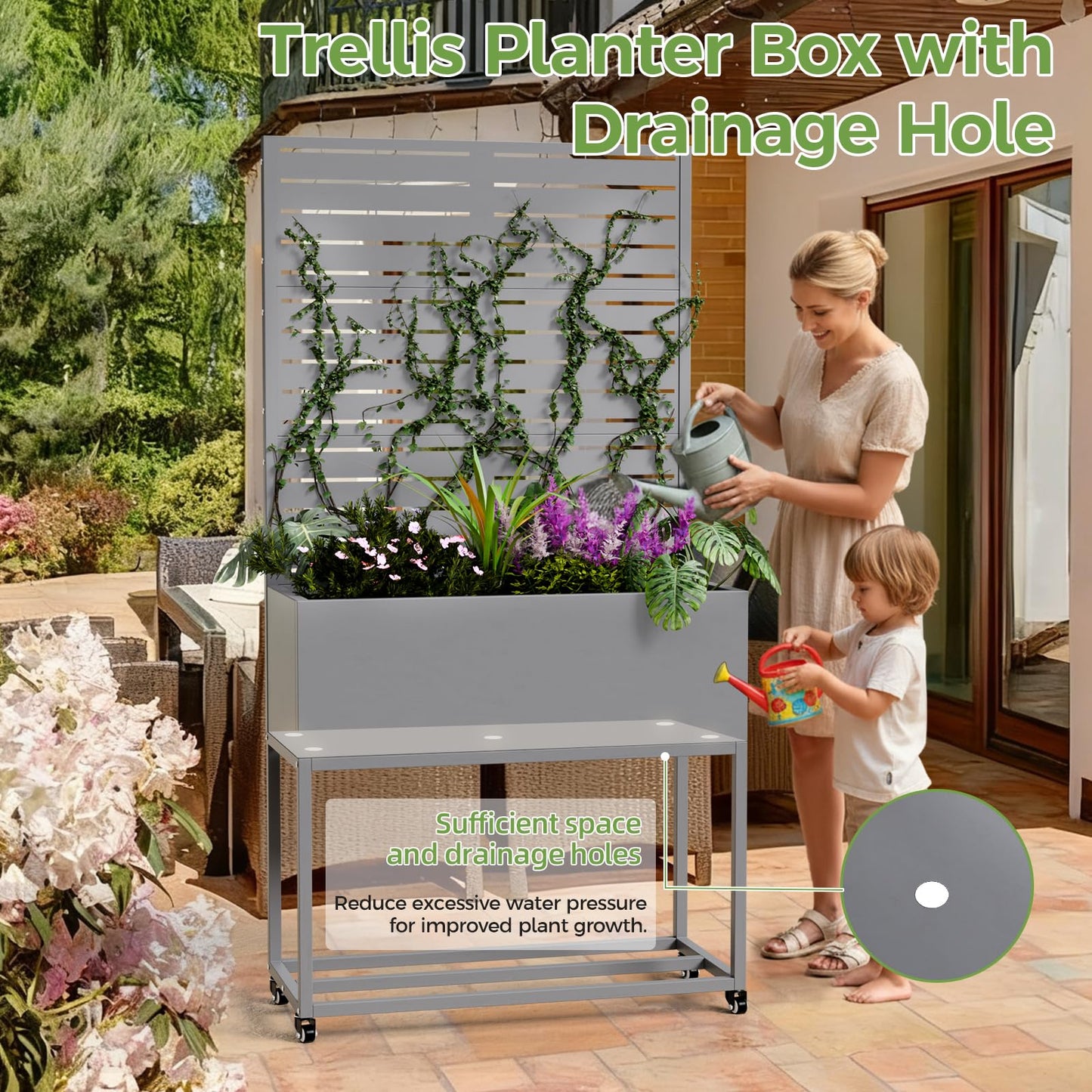 Diyfire Metal Planter Box with Trellis, 67"x35"x16"Metal Raised Garden Bed with Drainage Holes, Raised Garden Beds Outdoor, Privacy Planters Trellis for Climbing Plants, Patio,Garden, Wheels, Grey