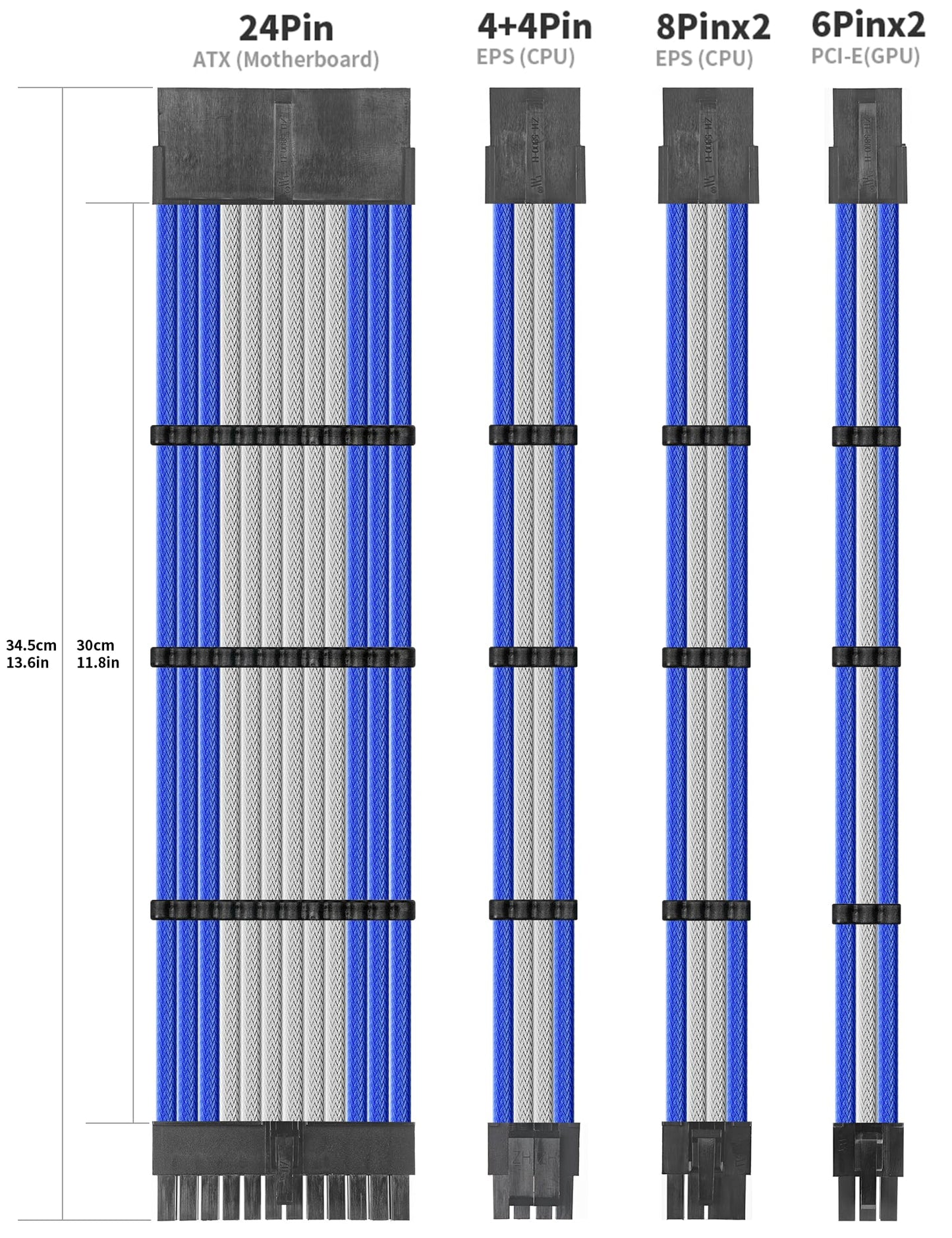 upHere Sleeve Extension Power Supply Cable Kit, Power Supply with Extra-Sleeved 24-PIN 8-PIN 6-PIN 4+4 PIN-Blue/White with Cable Combs(11.8 inch/ 30CM)