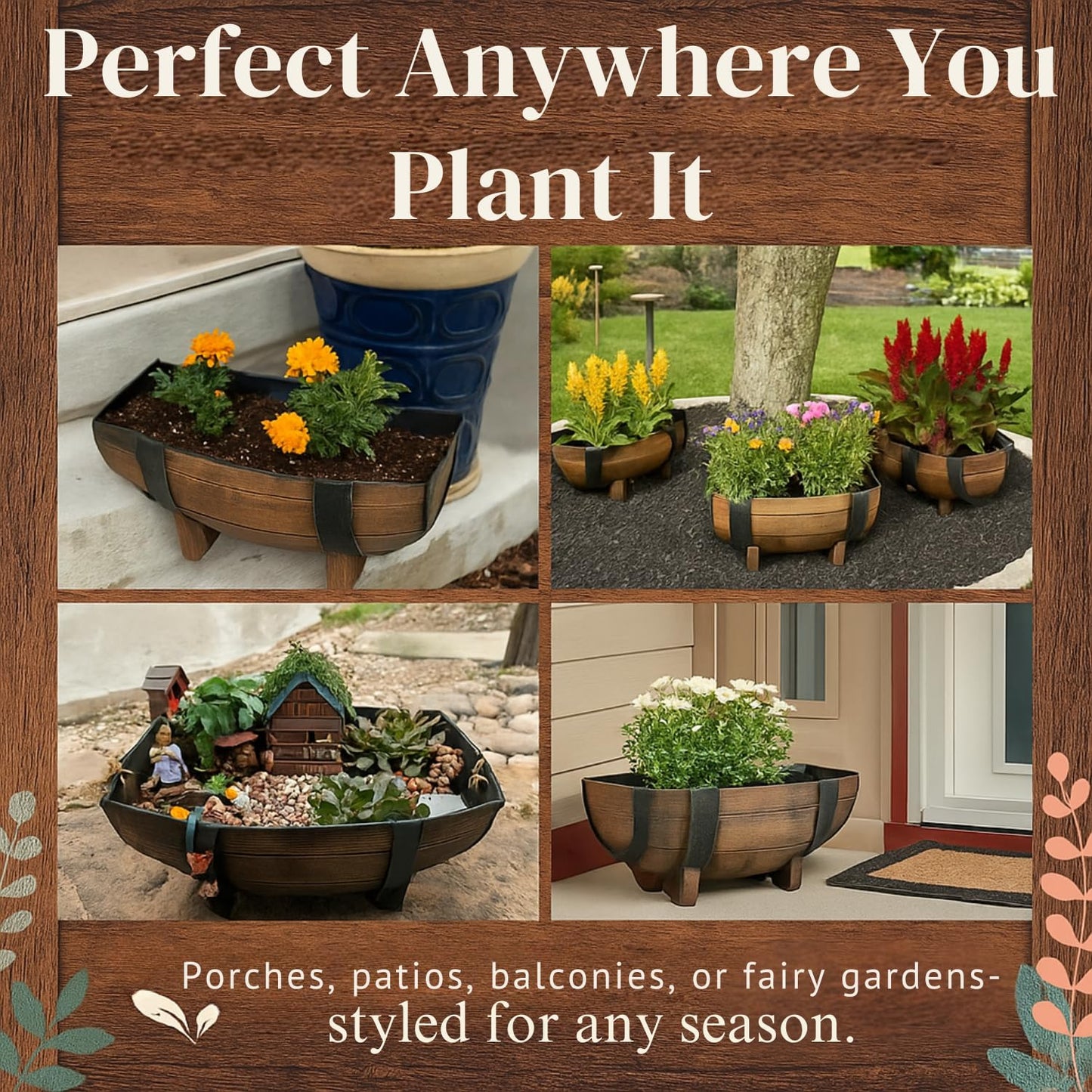 Rustic Half Barrel Planters – Set of 2, Faux Wood Outdoor Flower Pots with Drainage Hole & Feet, Weather-Resistant Polypropylene Garden Containers, 16.25" x 7.5" x 11.75"