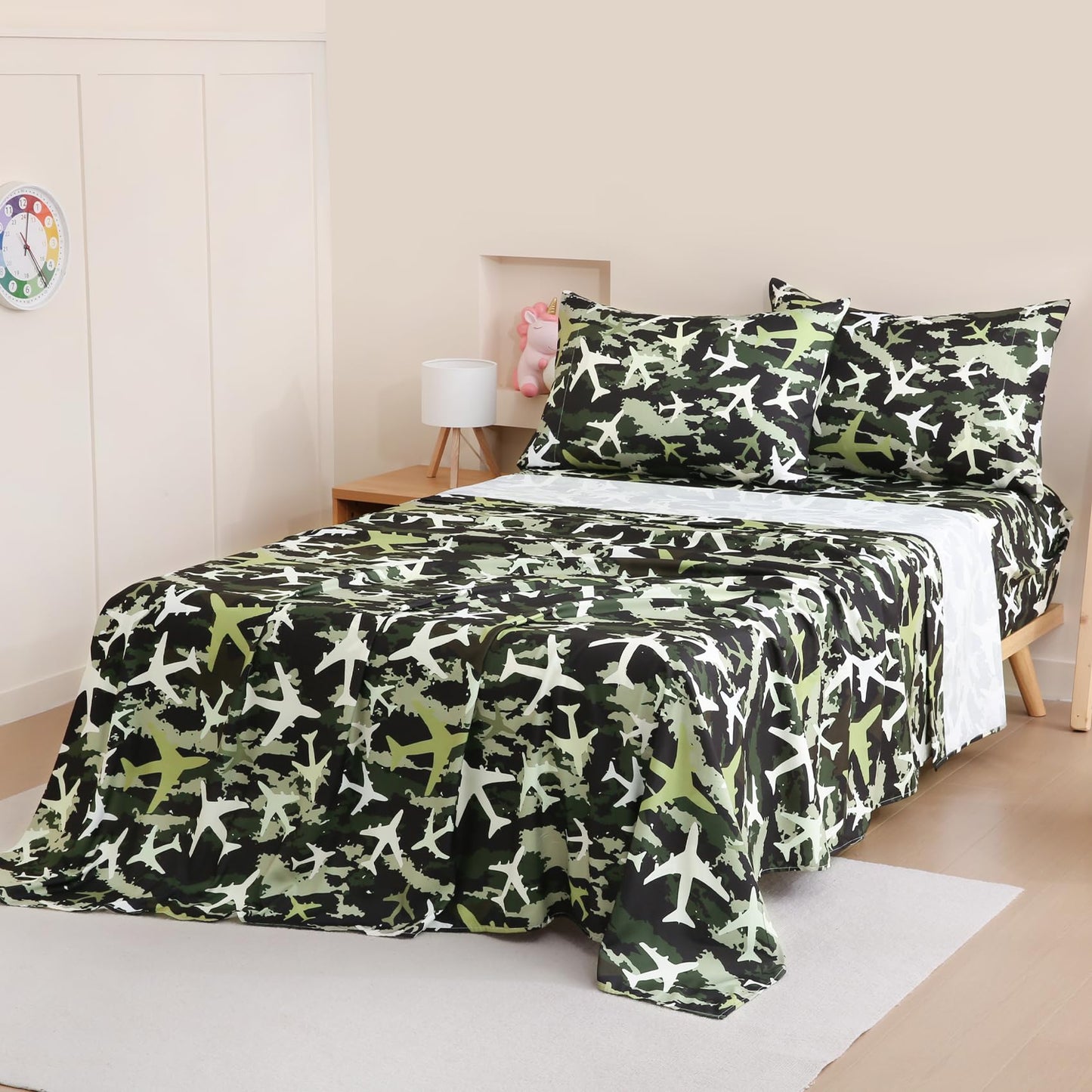 Yibeizi Airplane Sheet Set for Boys Twin, Kids Camouflage Green Print Bedsheets Microfiber Deep Pocket Cute Patterned Bed Sheet & Pillowcase Sets 3 Pieces