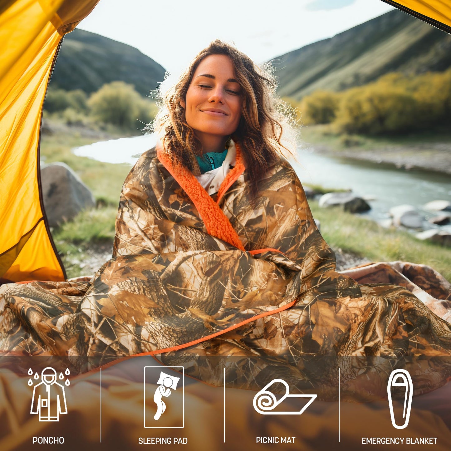 Tirrinia Waterproof Outdoor Blanket with Sherpa Lining, Windproof Triple Layers Warm Comfy Foldable for Camping Stadium, Sports, Picnic, Grass, Travel, Camo Orange Emergency Car Blanket 51''X 59''