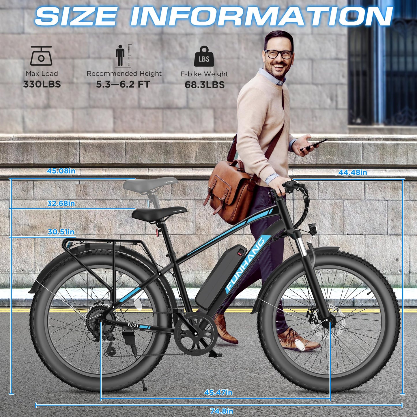 Funhang Electric Bike for Adults, 1000W Peak Ebike, 20MPH 60Miles Electric Mountain Bike, 26" Fat Tire Electric Bicycle with 48V 13AH Battery, Front Suspension,7 Speed, Rear Rack, UL 2849 Certified